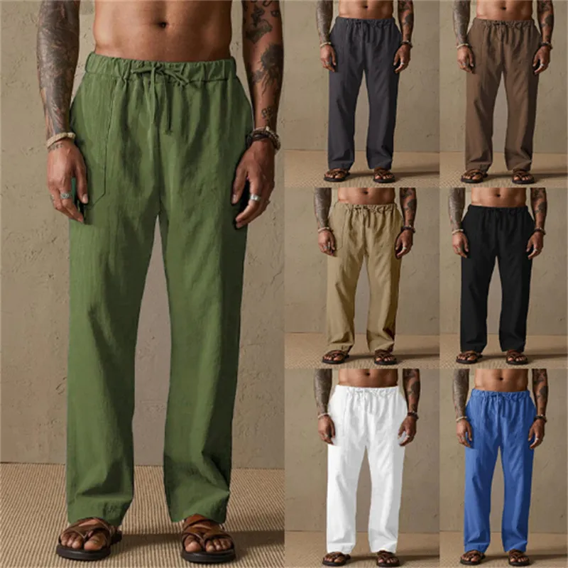 Mens Casual Cotton Blend Straight Leg Pants Basic Solid Color Drawstring Loose Fit Long Trousers With Pockets