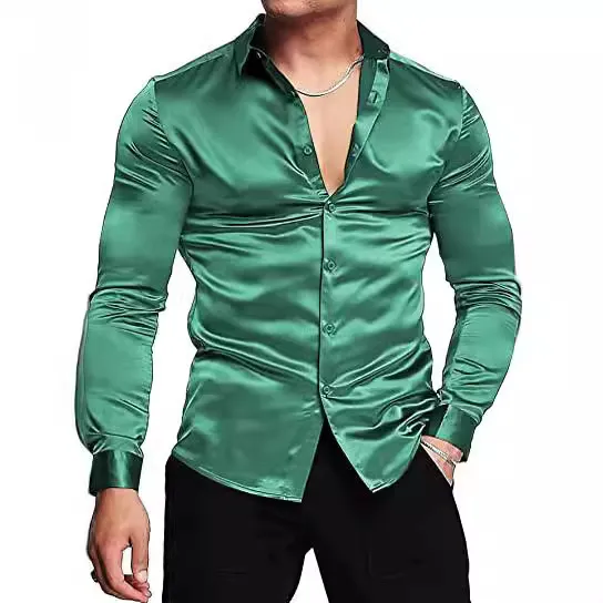Herren Freizeit Langarm Satin Hemd im Vintage 70er Jahre Disco Stil mit glänzender Oberfläche und klassischem Umlegekragen für Partys