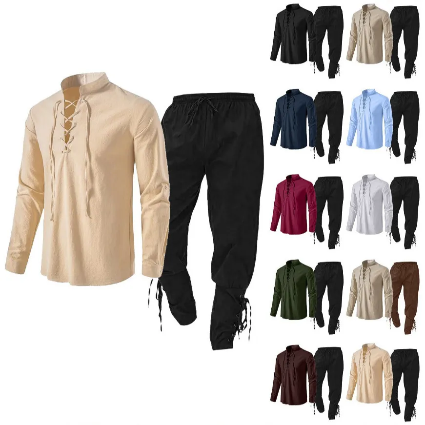 Mens Casual Cotton Linen Blend Two Piece Set Long Sleeve Stand Collar Henley Shirt And Drawstring Pants Beach Outfit