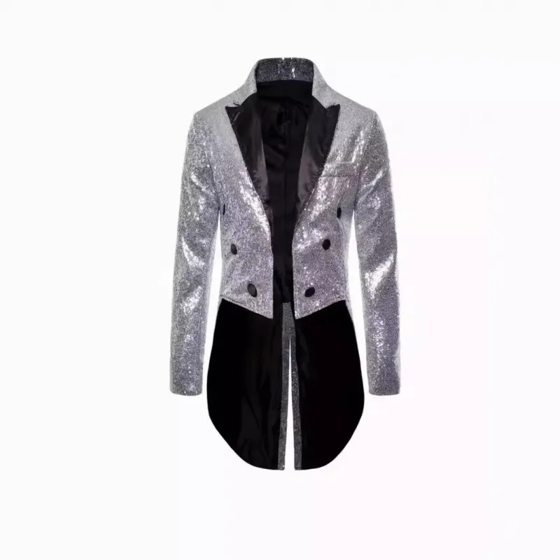 Men's Sequined Tuxedo Tailcoat Stage Performance Party Blazer Jacket Polyester Black Lapel