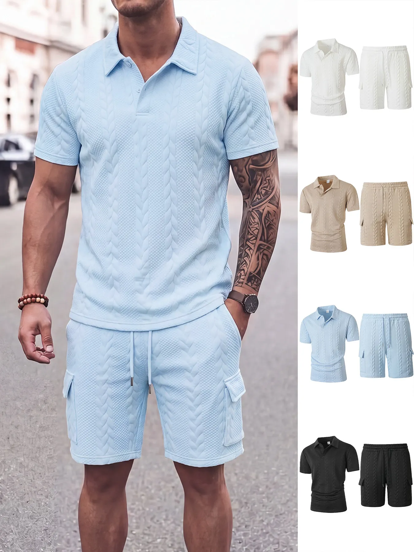 Men's Casual Sports Suit Turn Down Collar Jacquard Short Sleeve POLO Shirt And Cargo Shorts Set Fashion Outfit