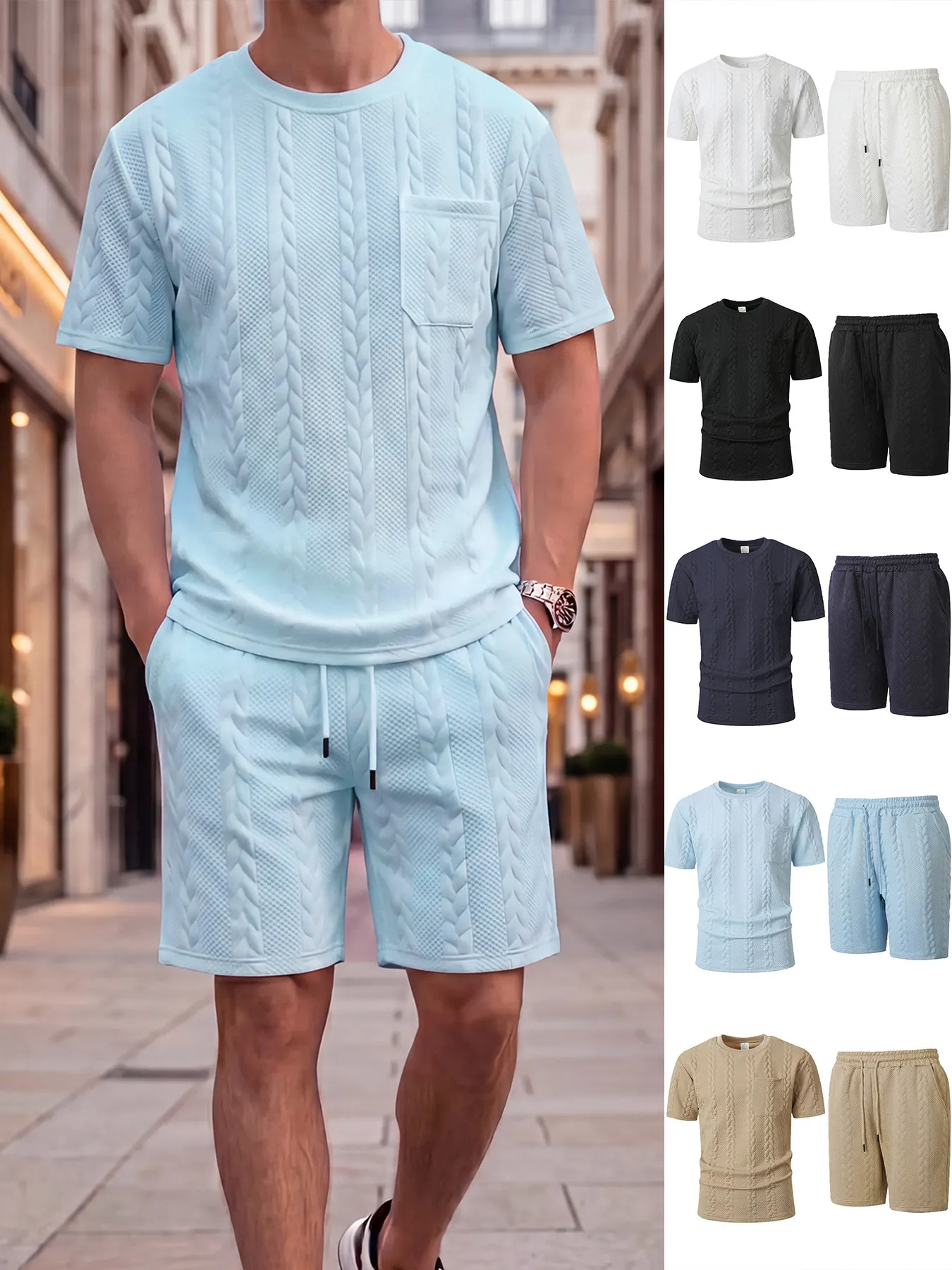 Men's Summer Casual Waffle Jacquard Short Sleeve T-Shirt And Shorts Two Piece Tracksuits Set Polyester Sportswear