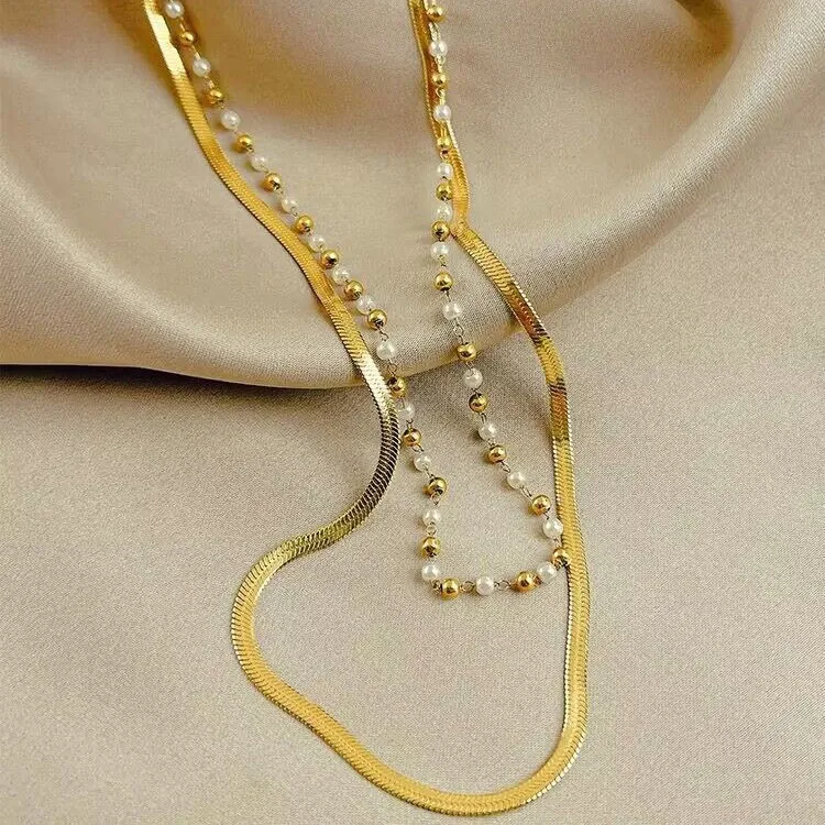 Luxus Edelstahl Künstliche Perle Doppelschichtige Halskette Gold Galvanisierte Klingenkette Schichthalskette Schmuck Für Damen Lässig Täglich Geschenk