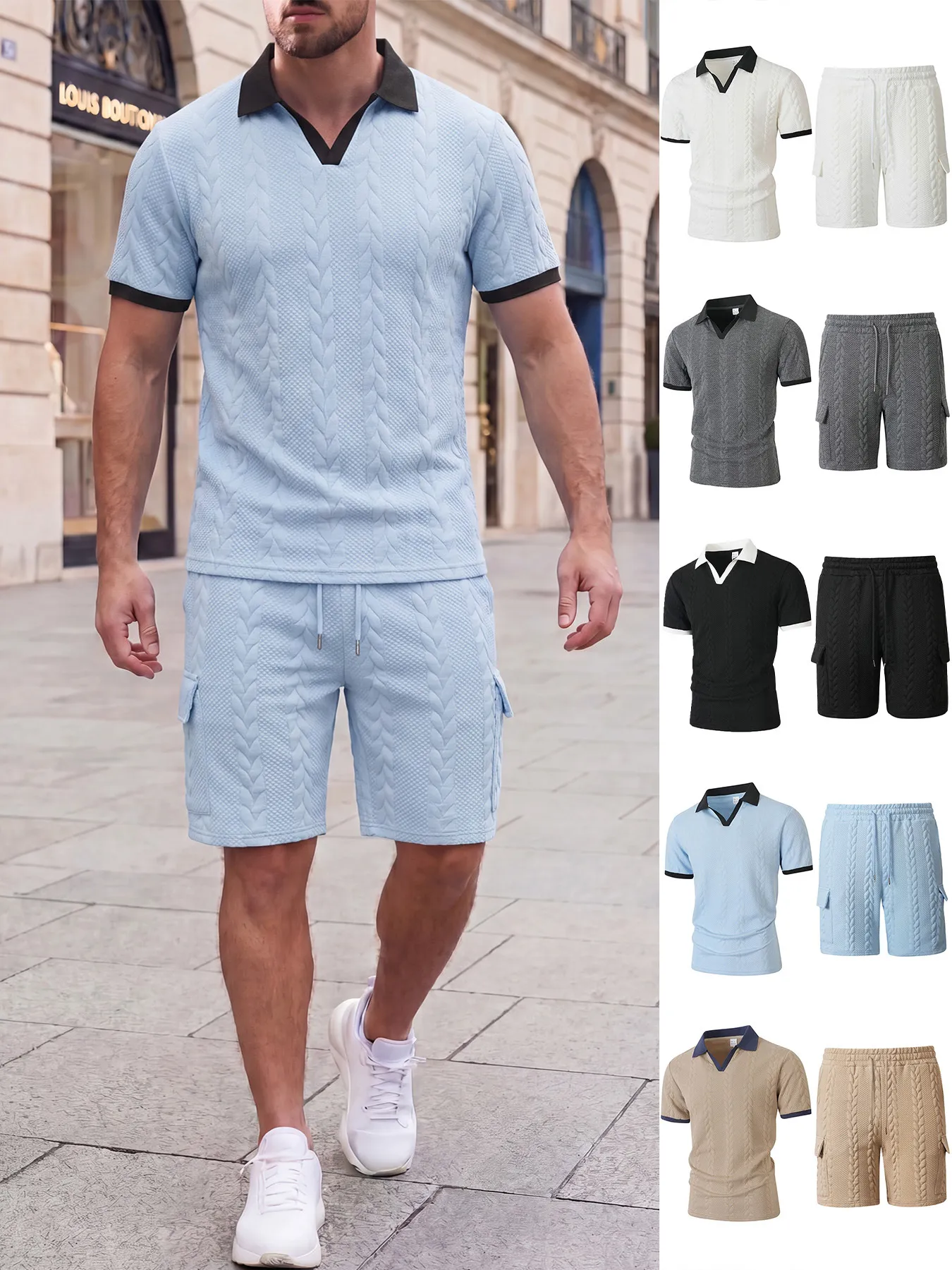 Men Summer Casual Two Piece Set Short Sleeve Polo Collar Jacquard T Shirt And Drawstring Cargo Shorts Sportswear Outfit