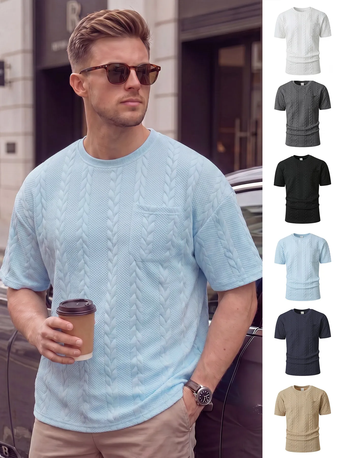 Heren Casual Ronde Hals Korte Mouw T-shirt Jacquard Textuur Basis Effen Kleur Slim Fit Zomer Top Dagelijkse Kleding