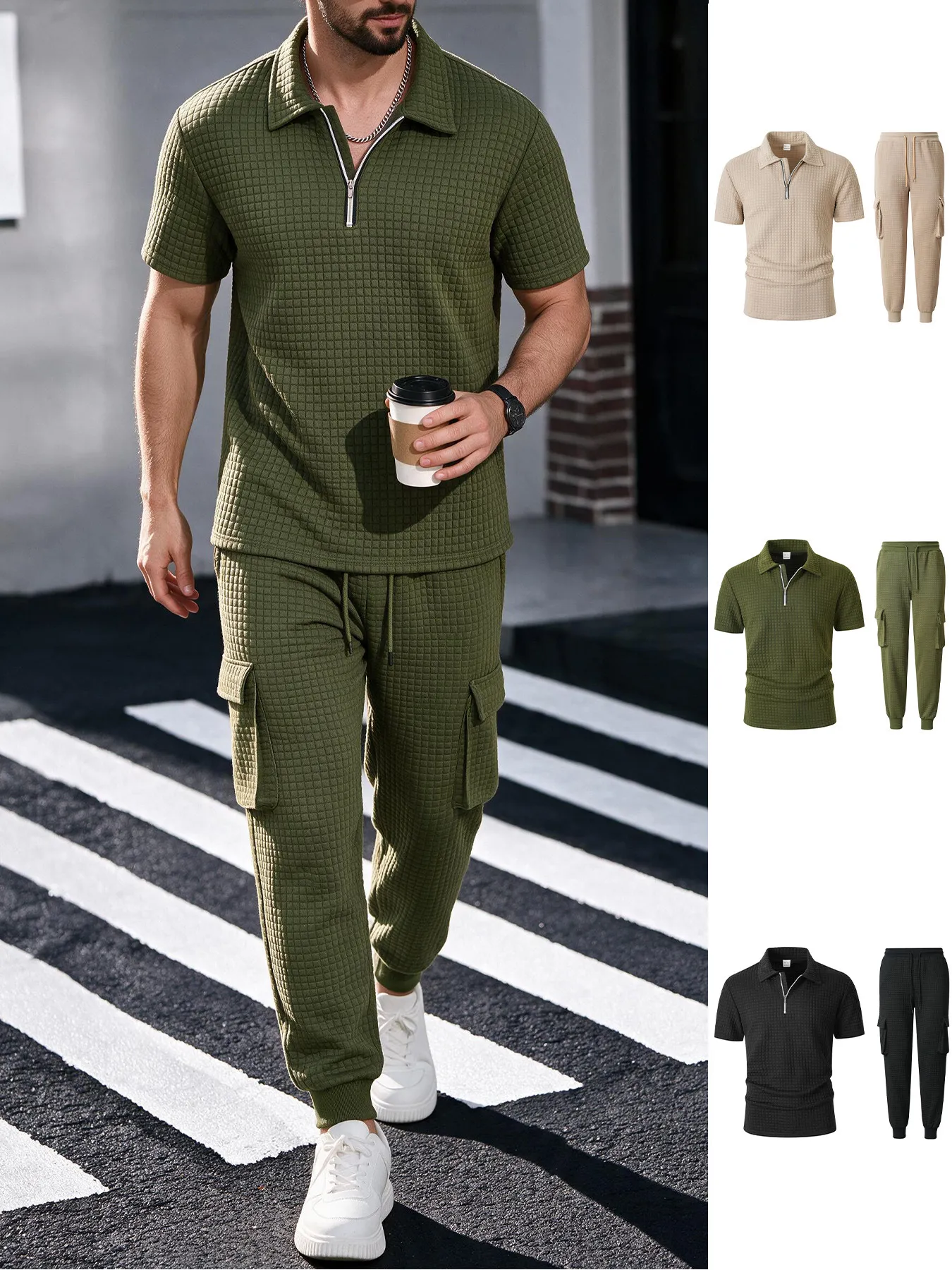 Men Casual Waffle Knit Zip Polo Shirt And Cargo Pants Top And Bottom Solid Color Short Sleeve Top Long Trousers