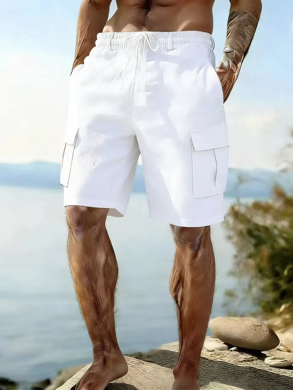 Men Casual Linen Cotton Cargo Shorts Summer Solid Color Drawstring Elastic Waist Beach Shorts