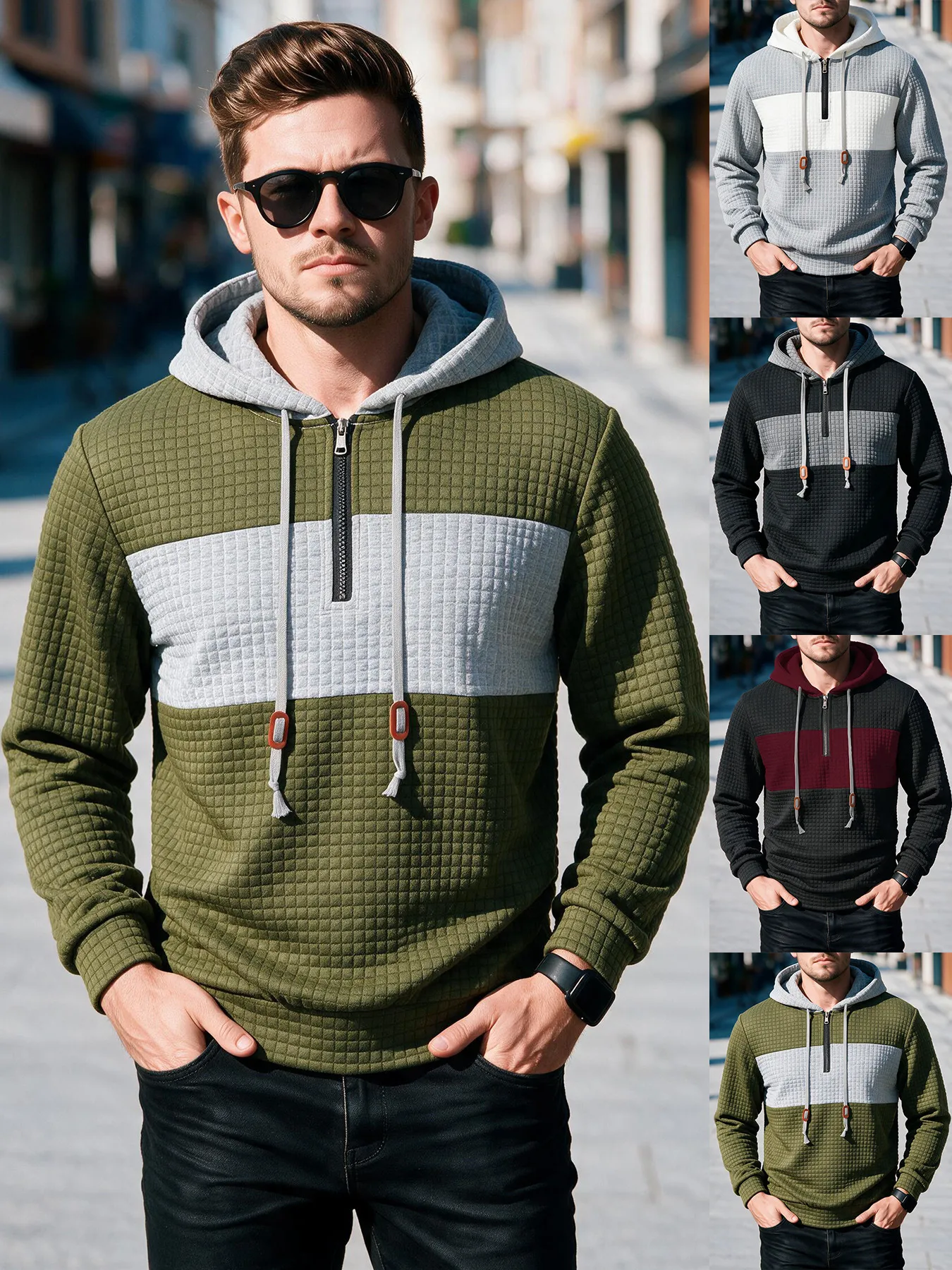Anδρικό Casual Color Block Waffle Knit Hoodie Μακρυμάνικο με Φερμουάρ Τέταρτου Pullover Sweatshirt για Άνοιξη Φθινόπωρο