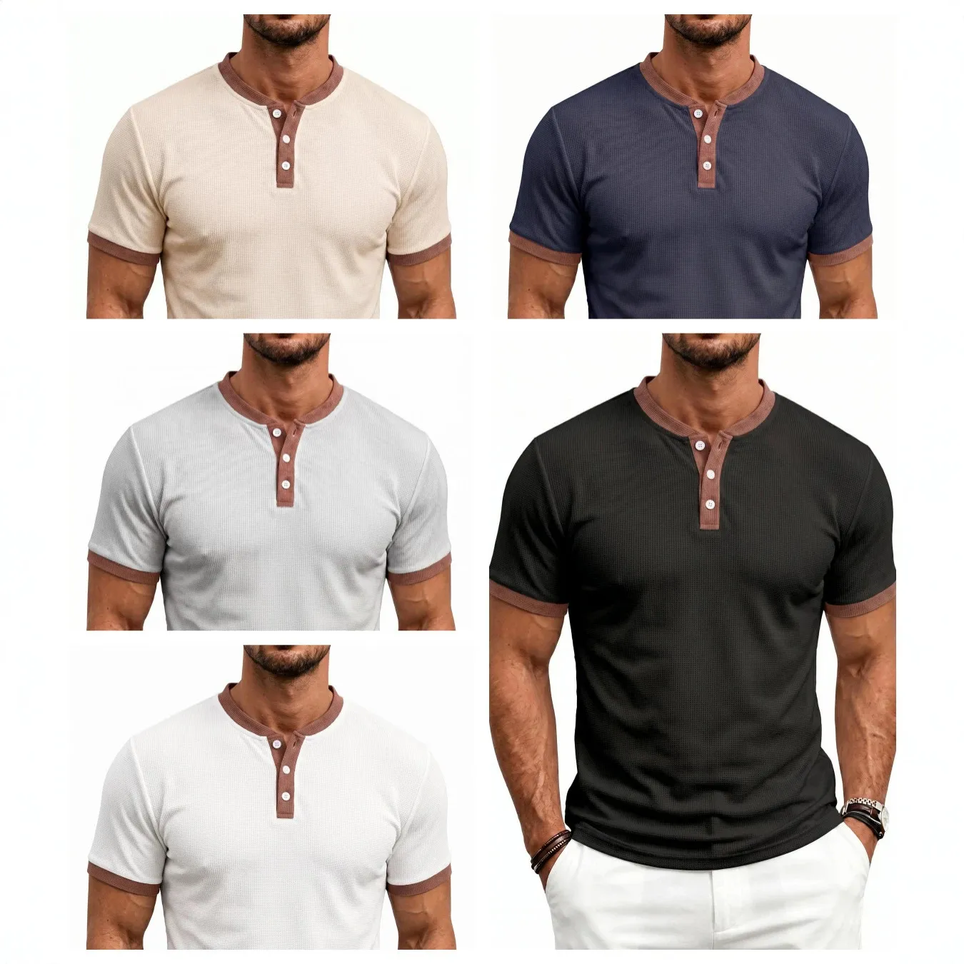 Men's Casual Waffle Polo Shirt Summer Short Sleeve Henley Collar Color Block Regular Fit Polyester Top