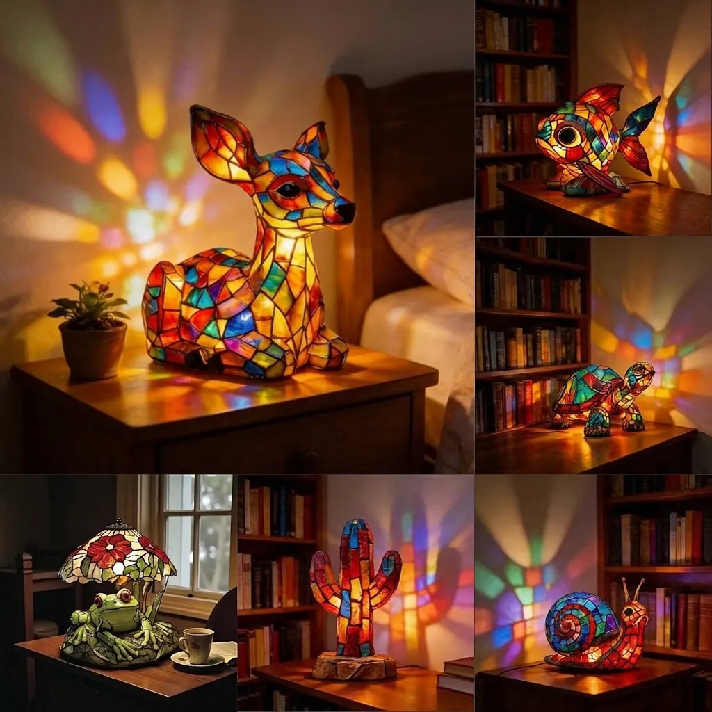 Vintage Tier Harz Nachtlicht Tiffany Stil Buntglas Mosaik Schildkröte Hirsch Fisch Kaktus LED Tischlampe Deko Ornament