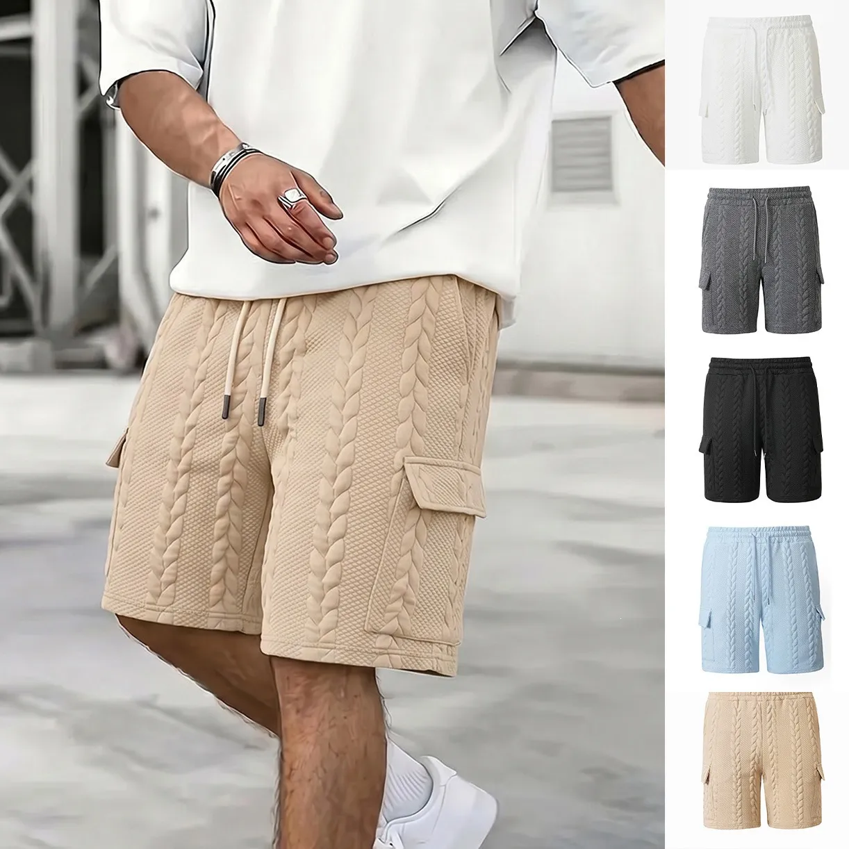 Men's Casual Shorts Summer Outdoor Beach Shorts Drawstring Jacquard Pocket Straight Fit Fashion Daily Wear Men Pants