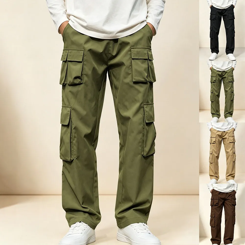 Herren Casual Multi-Taschen Cargo Hose mit lockerem weitem Bein und bequemem Kordelzug Unifarben Lange Freizeithose für Outdoor Alltag