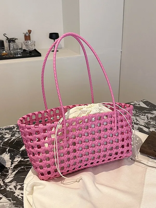 Summer Large Capacity PVC Woven Tote Bag Women Casual Beach Vacation Handbag Waterproof Solid Color Shopper Bag