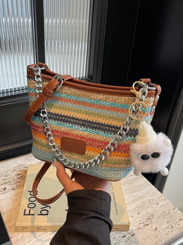 Womens Straw Bucket Bag Colorful Woven Crossbody Bag Casual Summer Beach Shoulder Handbag With Chain And Plush Pendant