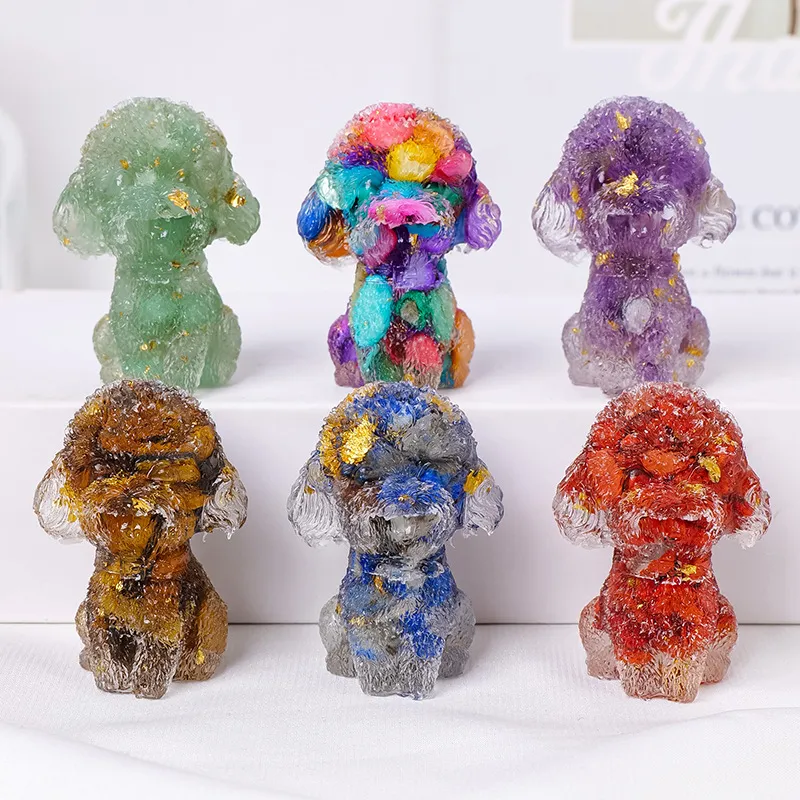 Modern Minimalist Resin Ornaments Teddy Dog Shape Figurine With Natural Crystal Chips Gold Foil Accents Small Puppy Desk Decorative Craft For Home Office Ornament