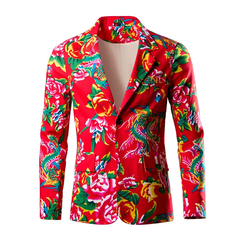 Men's Retro Chinese Style Floral Print Casual Blazer Single Breasted Long Sleeve Suit Jacket For Spring Autumn