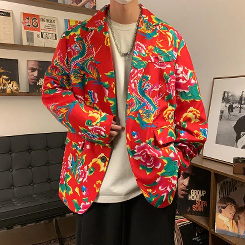Men Chinese Style Floral Print Casual Suit Jacket Loose Long Sleeve Single Breasted Blazer Outerwear For Spring Autumn