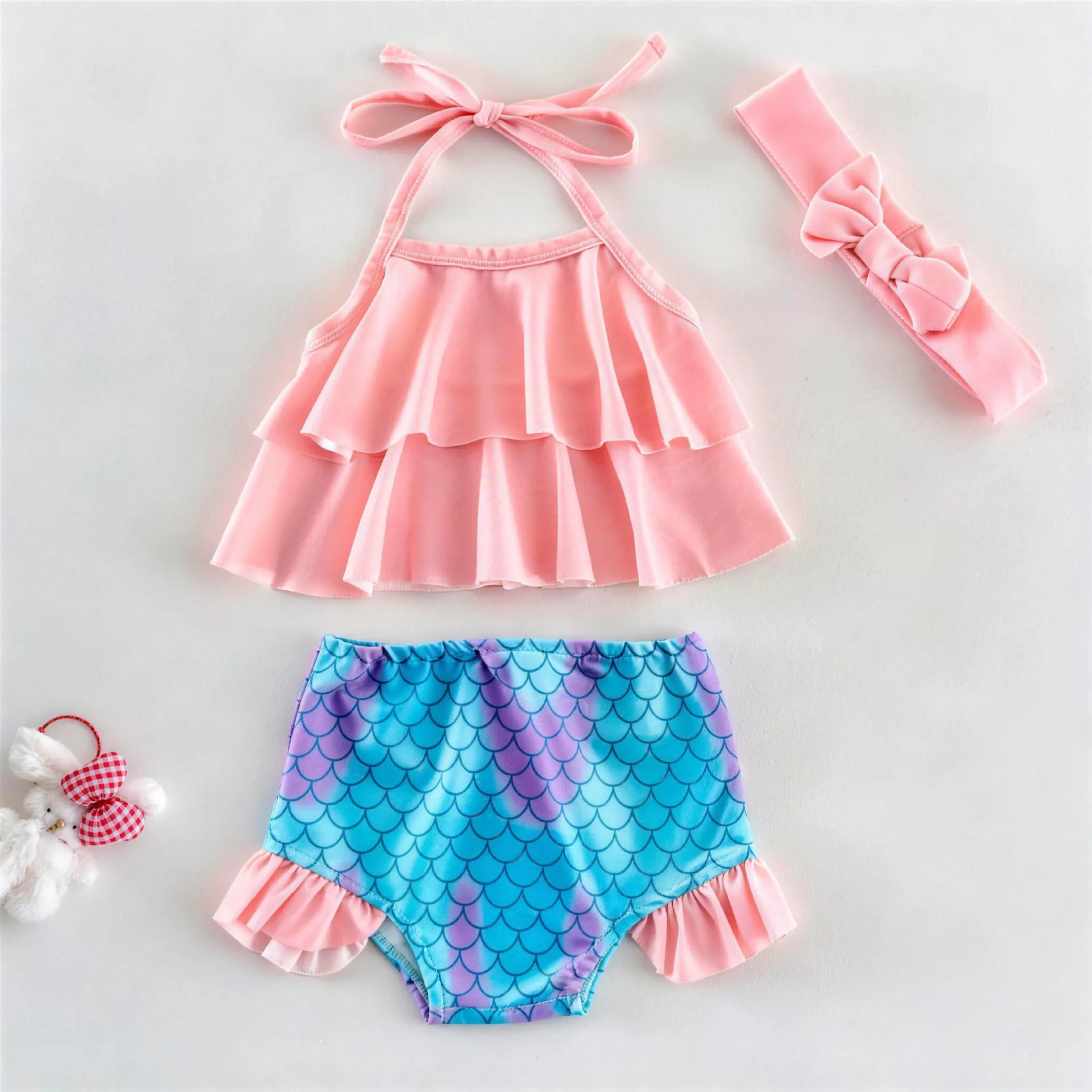 Kleinkind Baby Mädchen Meerjungfrau Badeanzug Süß Halter Rüschenoberteil Fischschuppen Druck Shorts Und Stirnband Dreiteiliges Set Sommer Strand