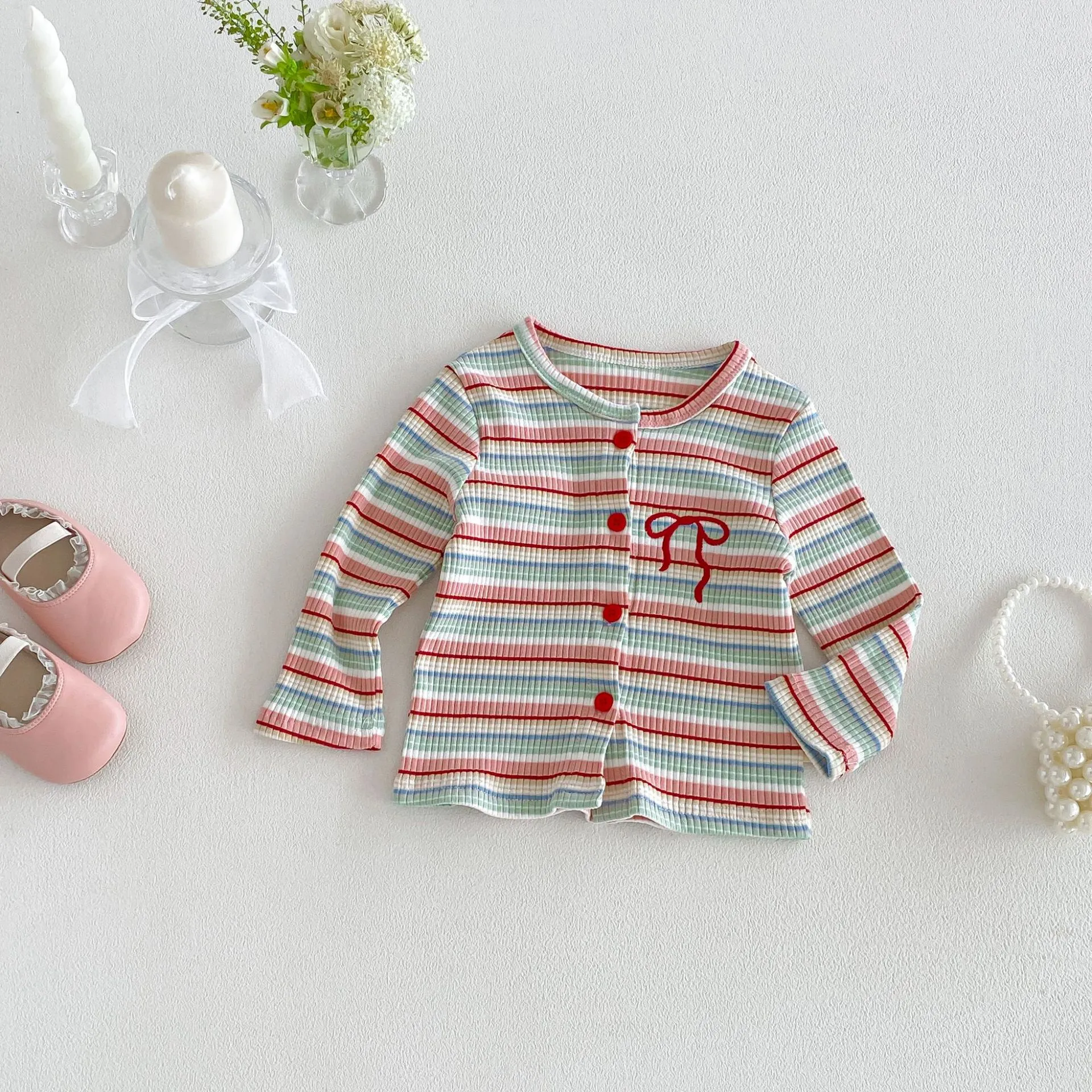 Toddler Baby Girls Knitted Cotton Cardigan Cute Striped Single Breasted Long Sleeve Crew Neck Casual Jacket Top