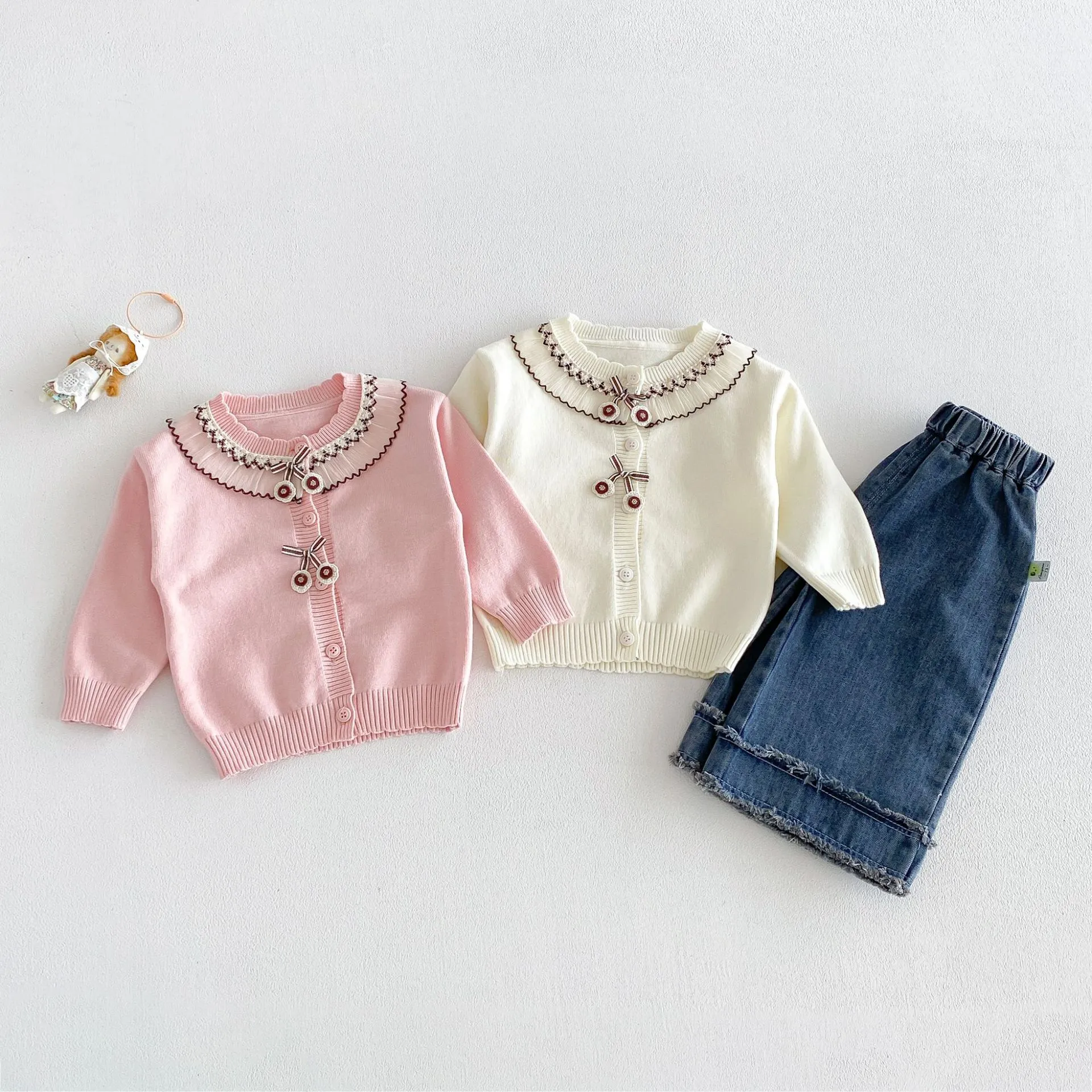 Infant Baby Girls Cute Knit Cardigan Korean Style Ruffle Collar Cherry Button Long Sleeve Warm Sweater Infant Toddler Coat