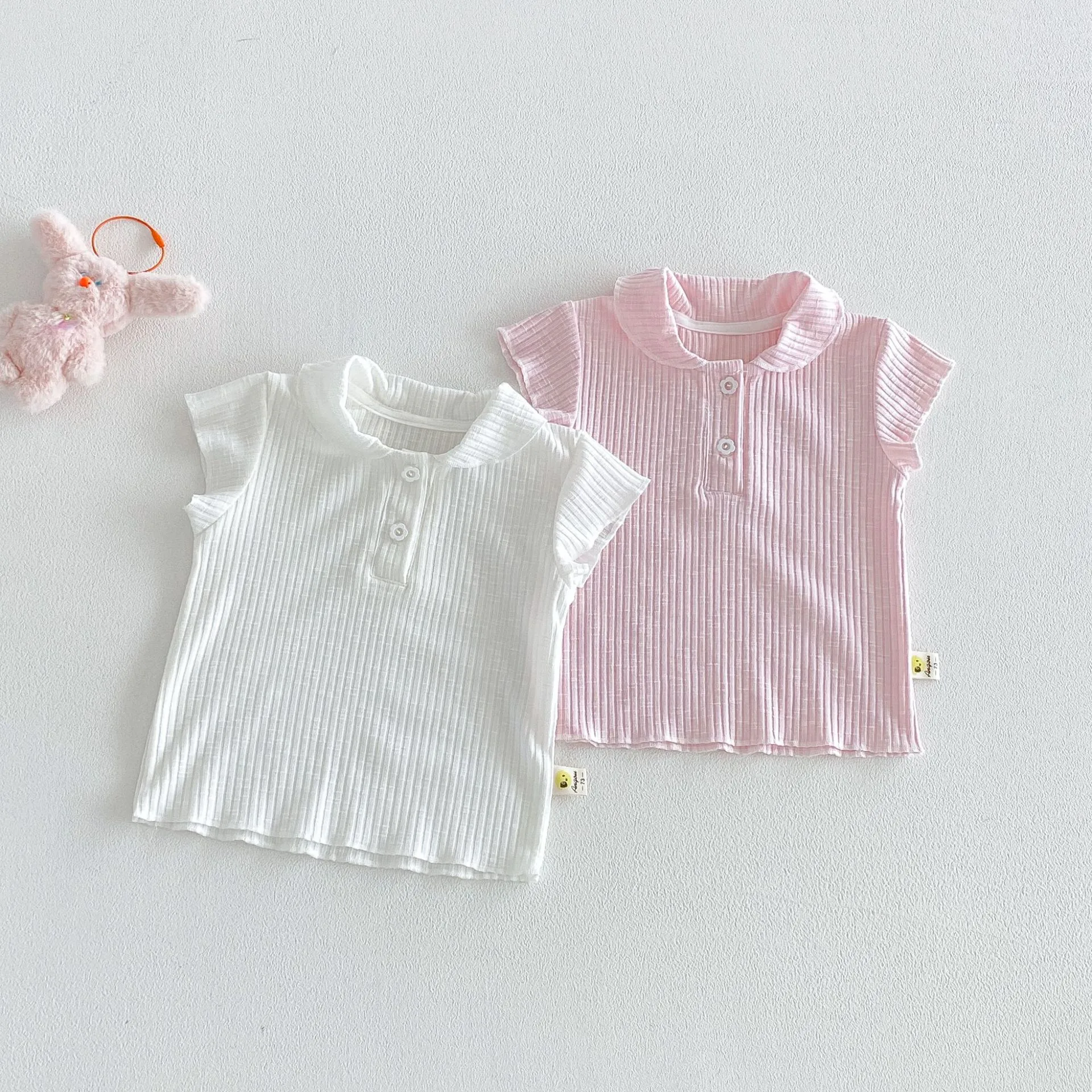 Girls Summer Cotton Ribbed Polo Collar Short Sleeve T-Shirt Infant Toddler Casual Solid Color Basic Tops