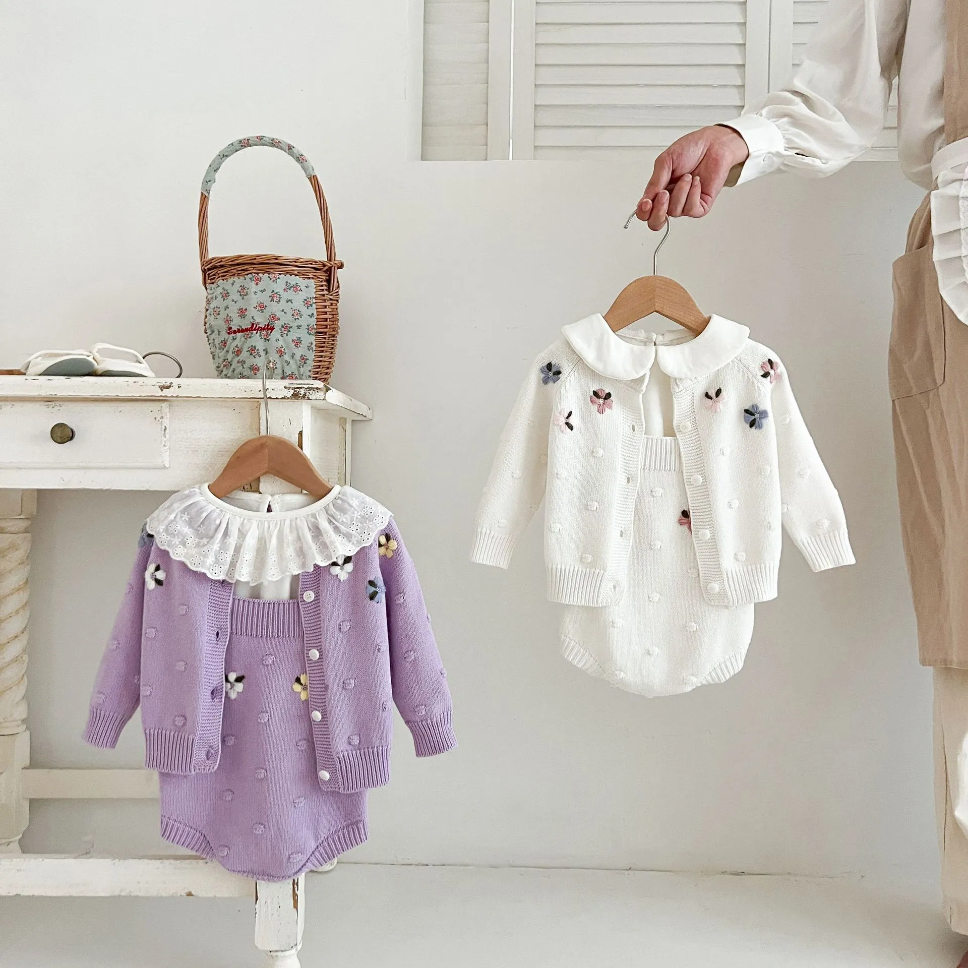 Baby Girls Cotton Knit Sweater Cardigan And Strap Romper Two-Piece Set Toddler Floral Embroidered Cute Outfit