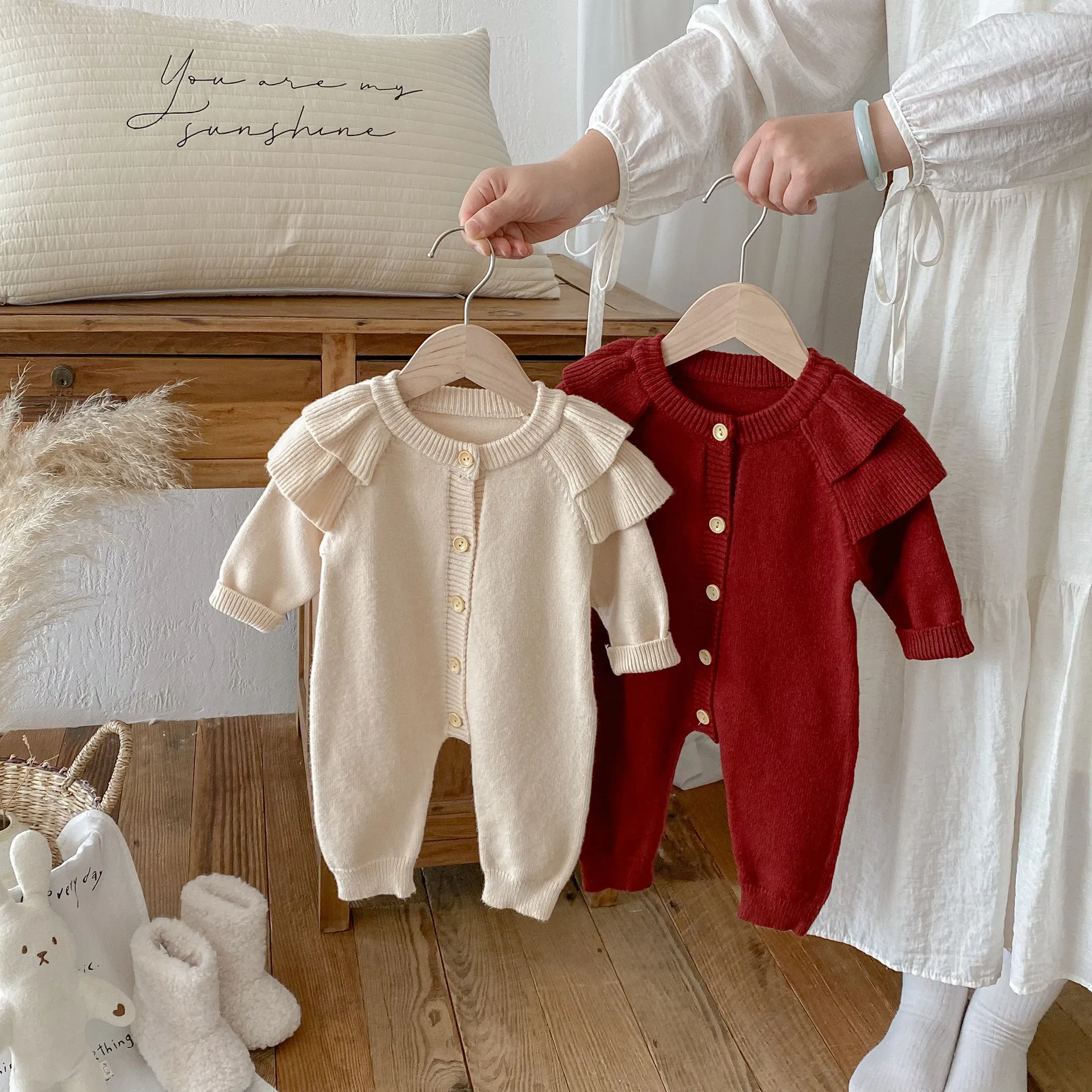 Newborn Baby Knit Romper Autumn Long Sleeve Fly Sleeve Solid Color Cute Infant Jumpsuit One Piece Clothes