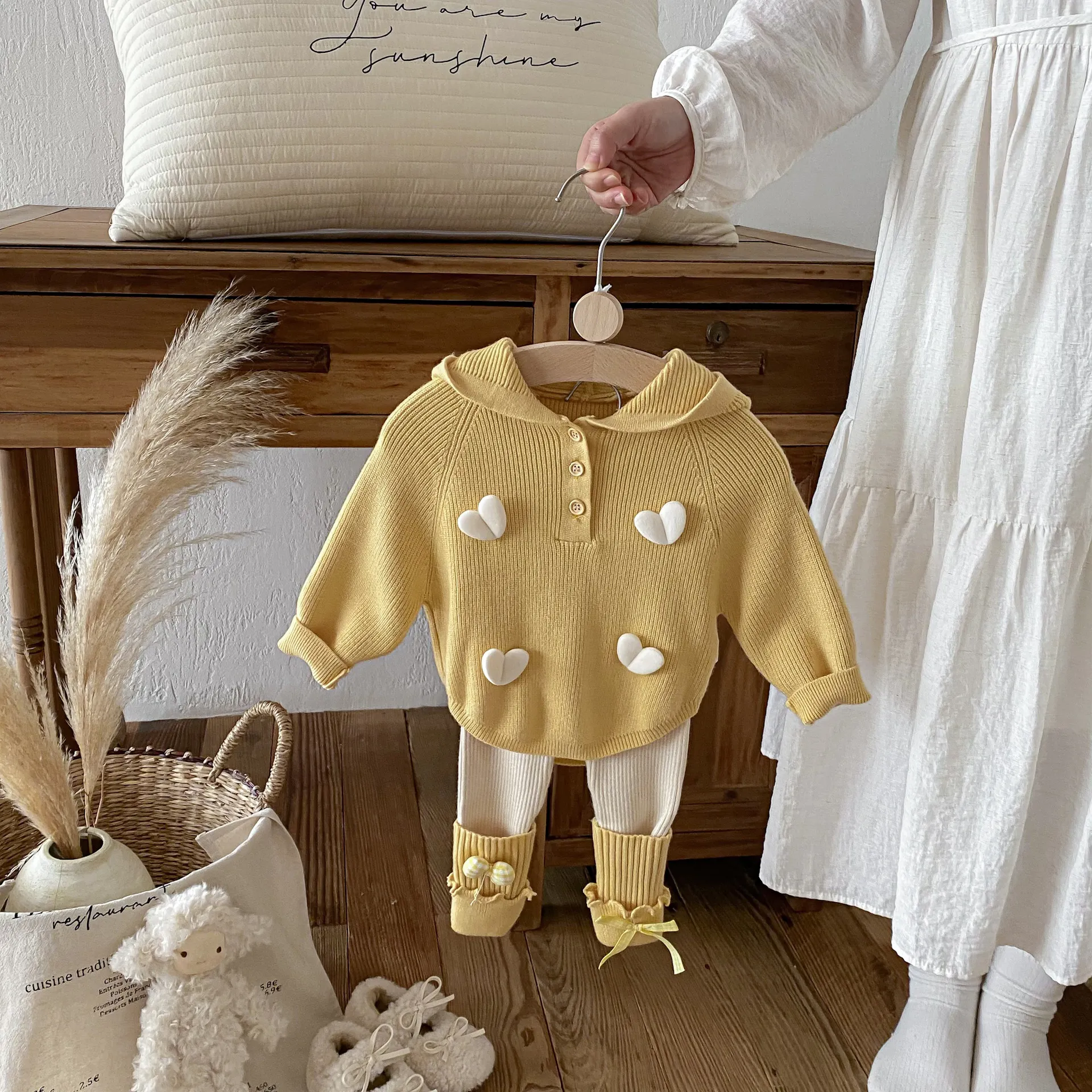 Toddler Girls Hooded Knitted Sweater And Leggings Top And Bottom Cute Heart Long Sleeve Pullover Elastic Pants Children Outfit