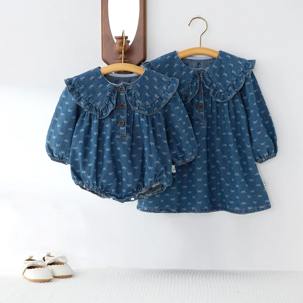 Baby Girls Denim Romper Dress Sister Matching Outfits Cute Bowknot Long Sleeve Toddler Cotton Rompers Children Clothing