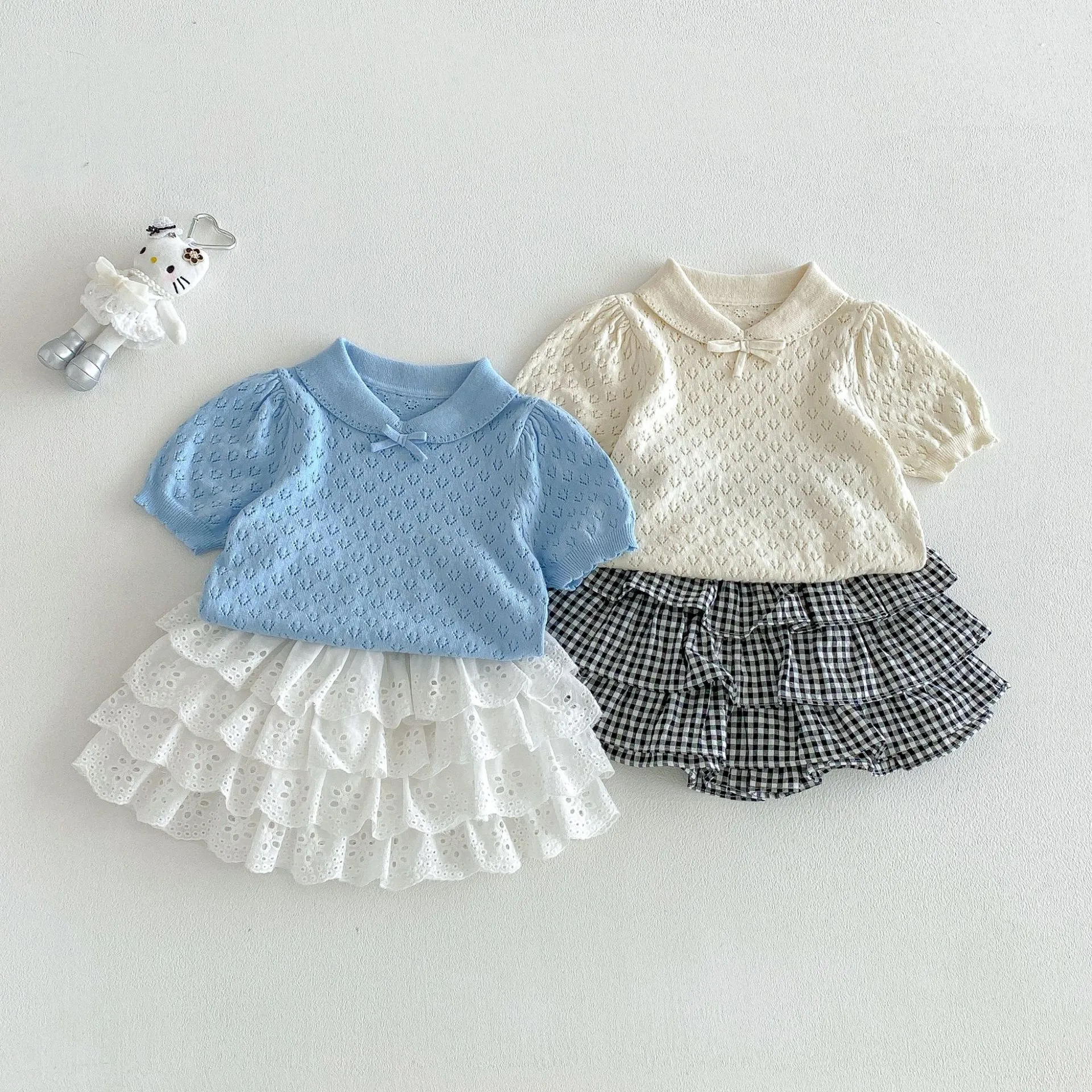 Infant Baby Girls Summer Korean Style Hollow Knit Short Sleeve Polo T-Shirt Sweet Cute Casual Children Tops Clothing