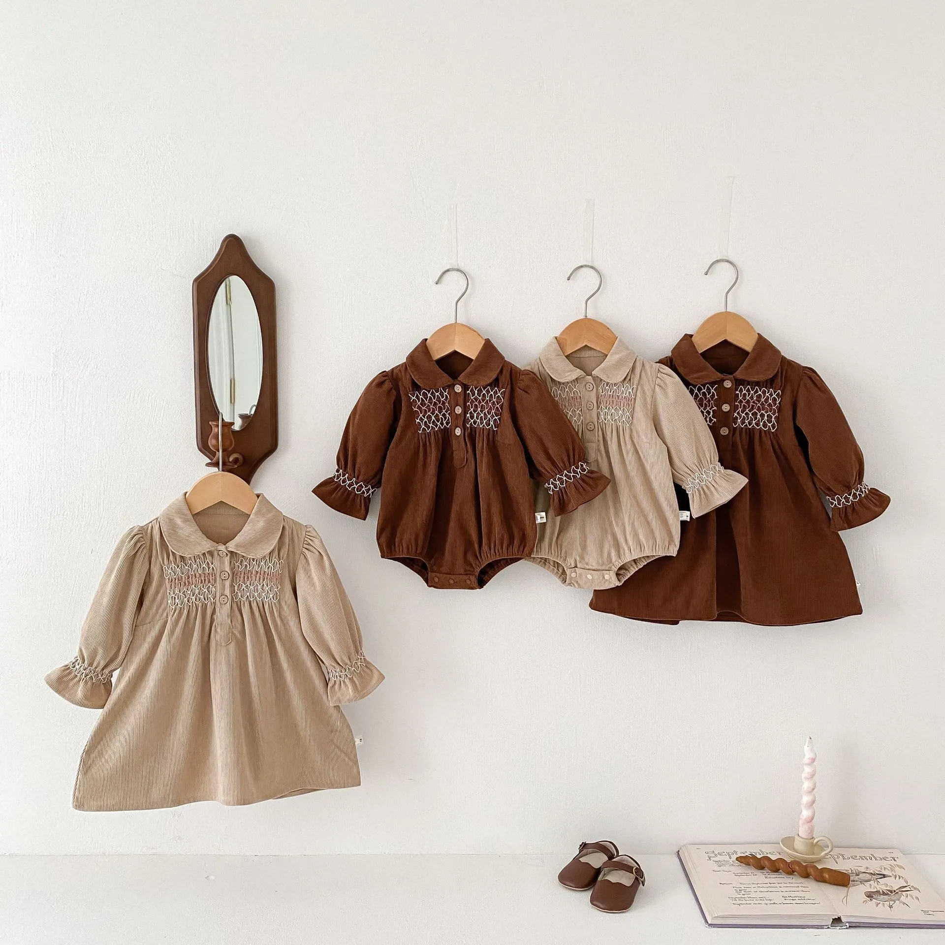 Infant Baby Girls Corduroy Long Sleeve Turn-Down Collar Dress Romper Cute Sweet Toddler Spring Autumn Children Clothing