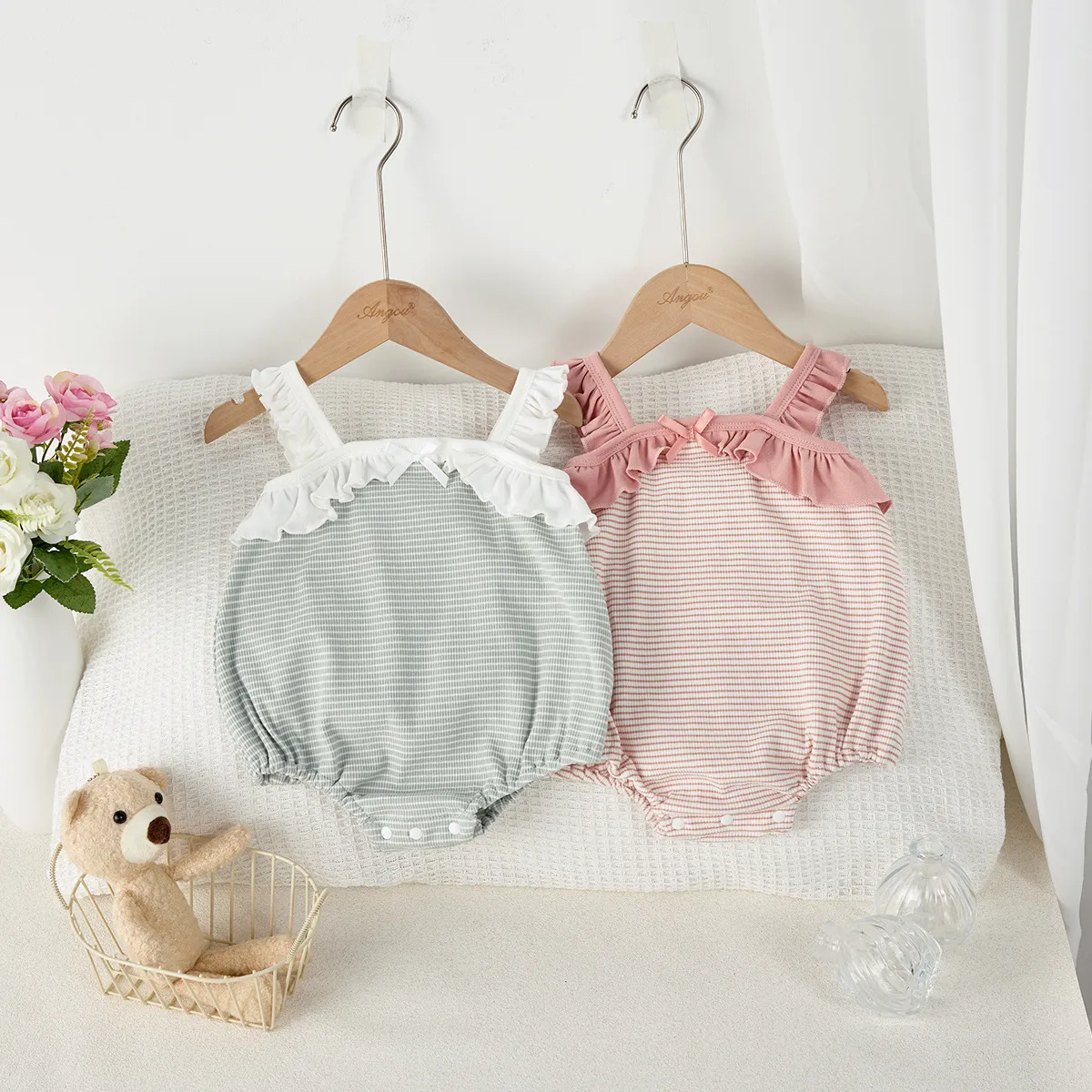Säugling Baby Mädchen Sommer Strampler Süß Gestreift Rüschen Träger Baumwolle Body Neugeboren Freizeit Einteiler Kleidung