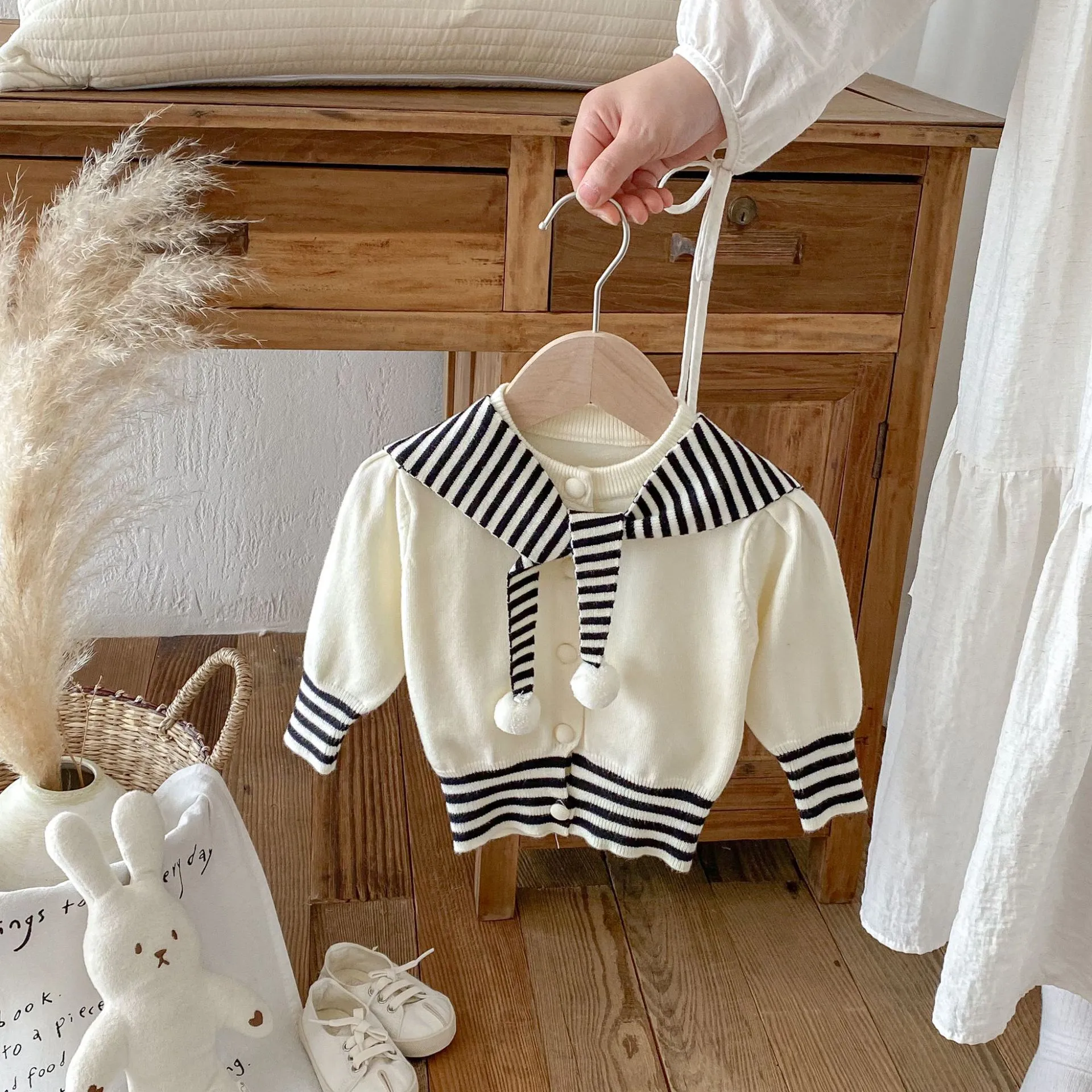 Infant Baby Girls Striped Sailor Collar Cardigan Sweater Cute Pom-Pom Knitted Coat Autumn Winter Outerwear