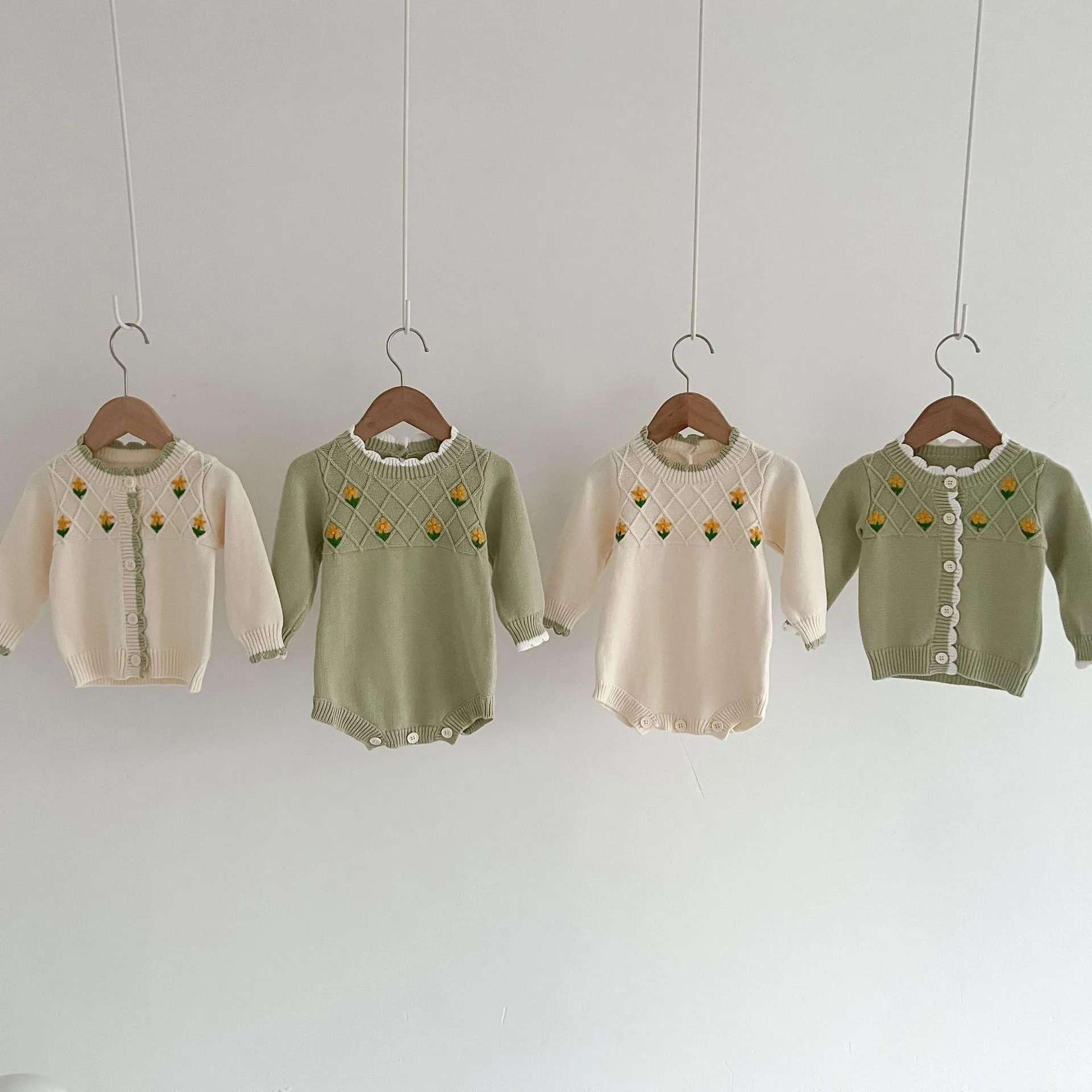 Infant Baby Girls Knit Cardigan Romper Cute Floral Embroidery Long Sleeve Cotton Bodysuit Newborn Fall Clothes