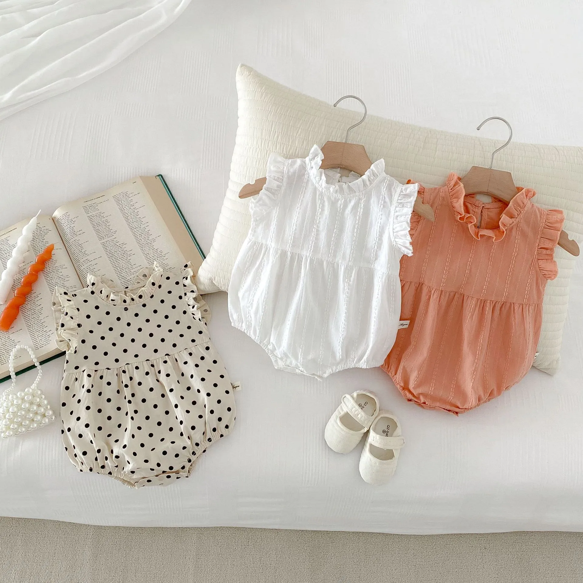 Baby Girls Summer Korean Style Cotton Sleeveless Romper Stand Collar Polka Dot Bodysuit Infant Crawling Clothes