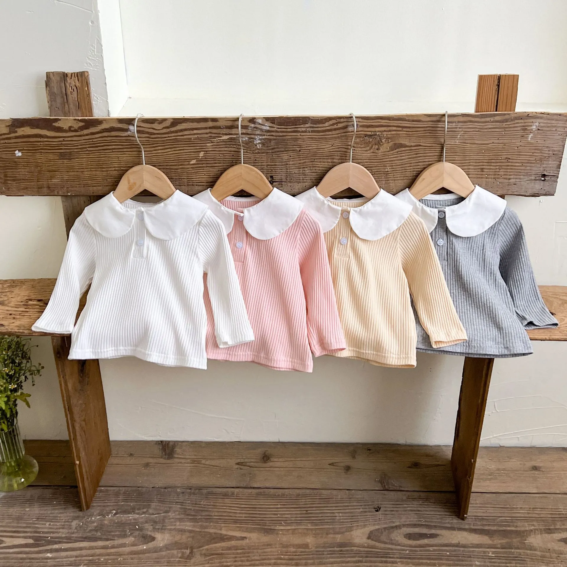 Infant Baby Girls Long Sleeve T-Shirt Cute Doll Collar Casual Cotton Blend Ribbed Pullover Top Fall Toddler Clothes
