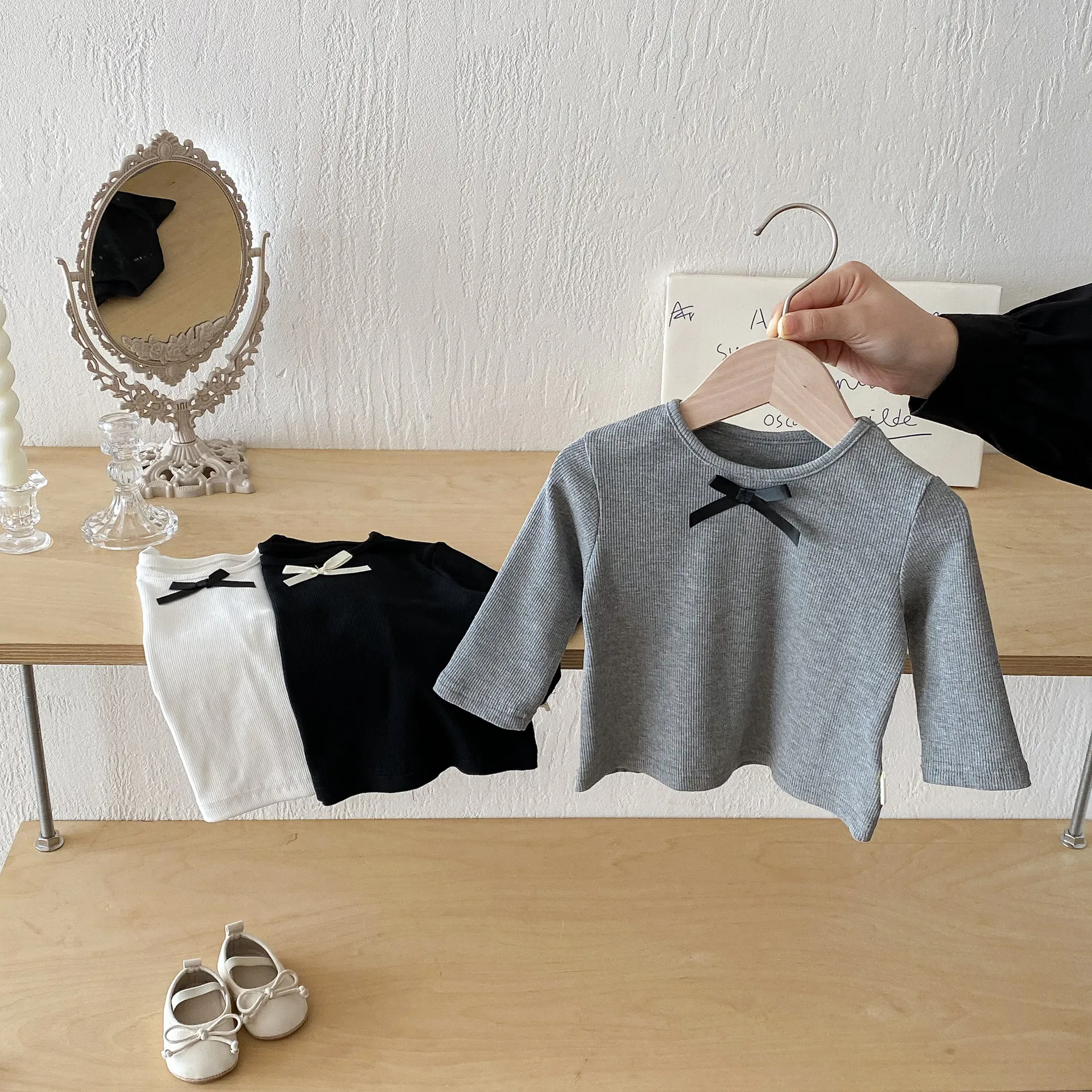 Baby Girls Long Sleeve T-Shirt Cute Bowknot Cotton Crew Neck Solid Color Casual Fall Top Children Clothes