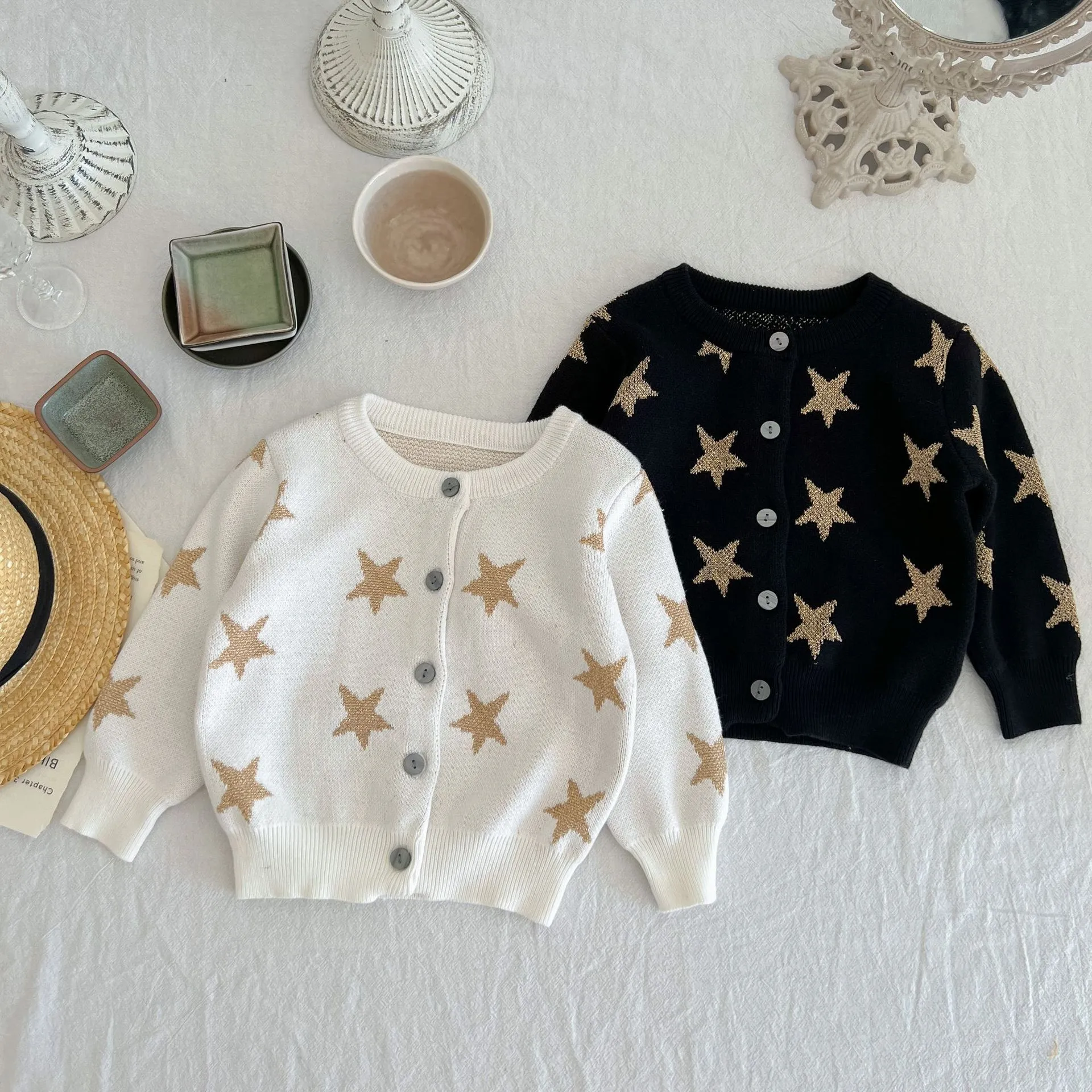 Baby Girls Cotton Knit Cardigan Infant Long Sleeve Star Pattern Sweater Newborn Spring Autumn Toddler Button-Up Top