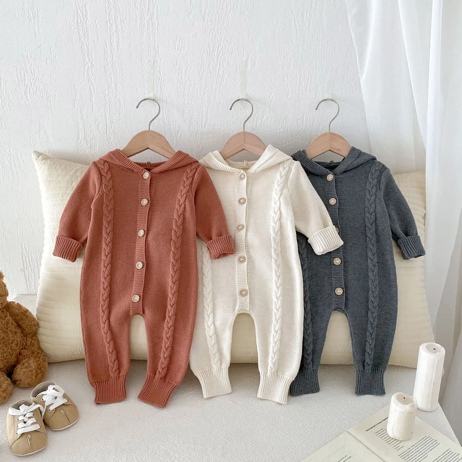 Autumn Baby Cotton Knit Romper Cute Bear Ear Hooded Long Sleeve Jumpsuit