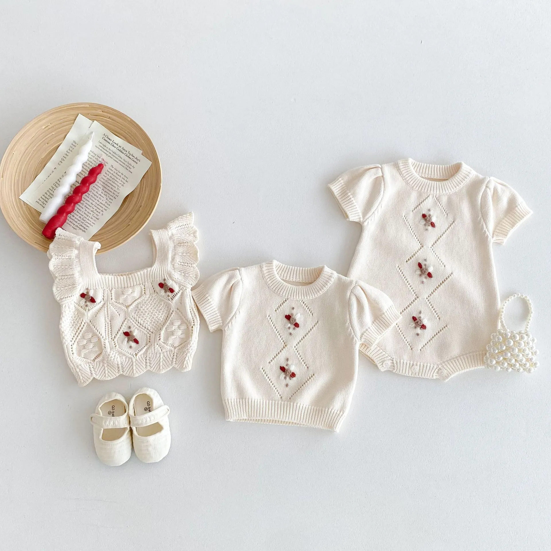 Infant Baby Girls Knit Cotton Romper Bodysuit Handmade Crochet Floral Top Cute Casual Infant Clothing