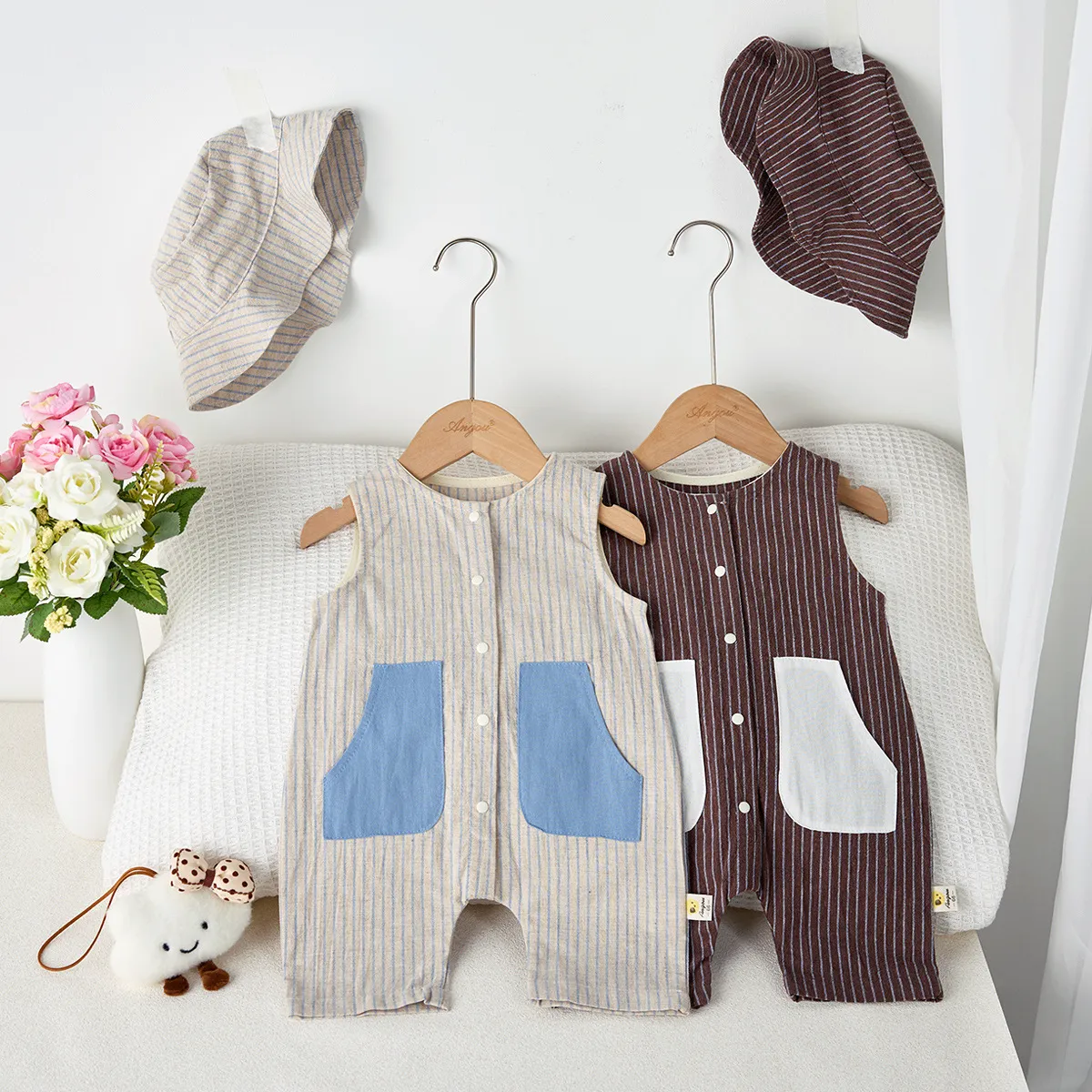 Bebé Niños Verano Algodón Romper A Rayas Con Sombrero Lindos Atuendos Casuales Ropa De Recién Nacido