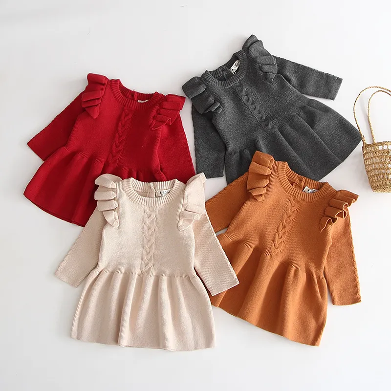 Infant Baby Girls Autumn Winter Long Sleeve Knit Dress Solid Color Ruffle Princess Sweater Toddler Warm Clothing