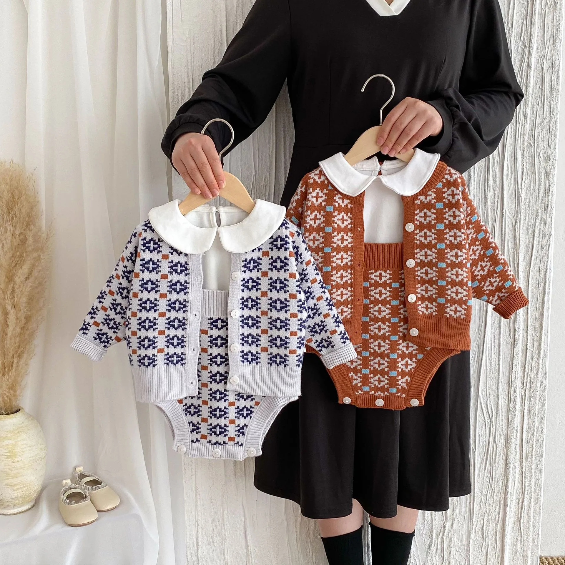 Infant Baby Kids Knit Sweater Cardigan And Romper Set Toddler Cute Geometric Pattern Long Sleeve Cotton Outfit