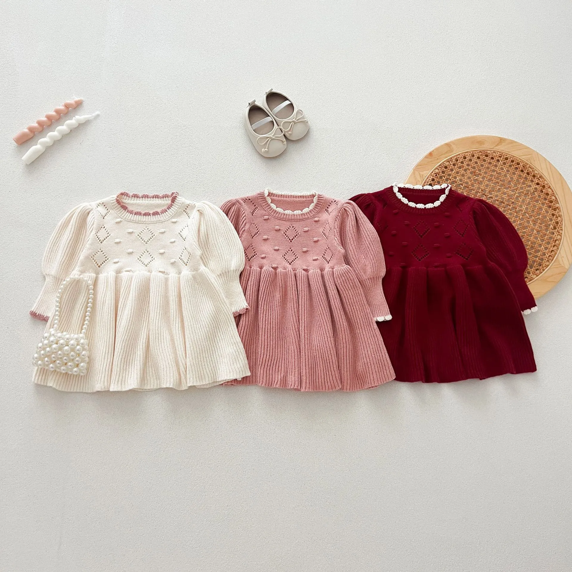 Infant Baby Girls Knit Dress Fall Winter Long Sleeve Crew Neck Solid Color Princess Sweater Dress Toddler Children Clothing