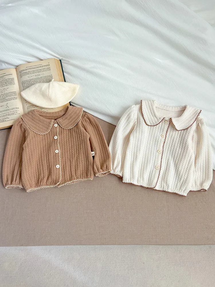 Abrigo Cárdigan para Bebé Niña Estilo Coreano Dulce Cuello Rebatible Manga Larga Ropa Exterior de Punto Ropa de Primavera para Niños Pequeños