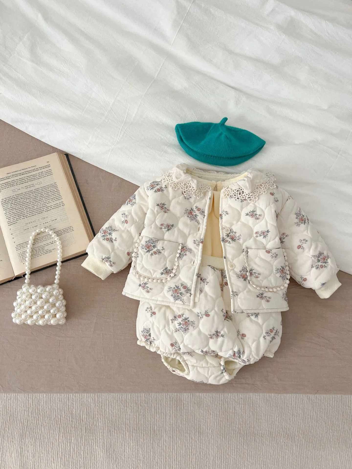 Baby Girls Winter Korean Style Floral Print Ruffle Overalls Jacket Warm Two-Piece Set Toddler Infant Daily Cute Outfit