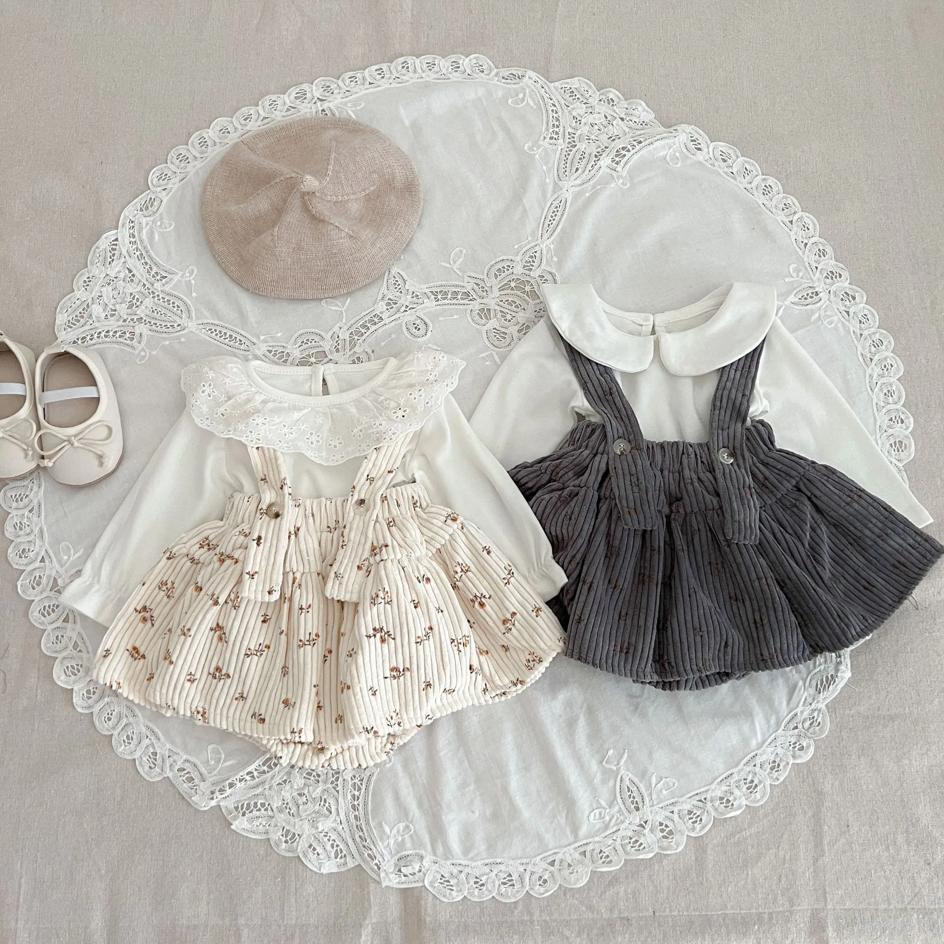 Baby Girls Floral Corduroy Strap Romper Dress Long Sleeve Lace Collar Blouse Outfit Infant Fall Spring Clothes Set