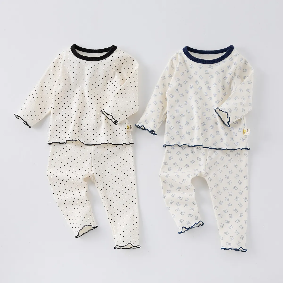 Neonato Bambino Cotone Manica Lunga Top E Pantaloni Lunghi Set Bambini Casual Girocollo Pois Orso Stampato Abito Da Casa