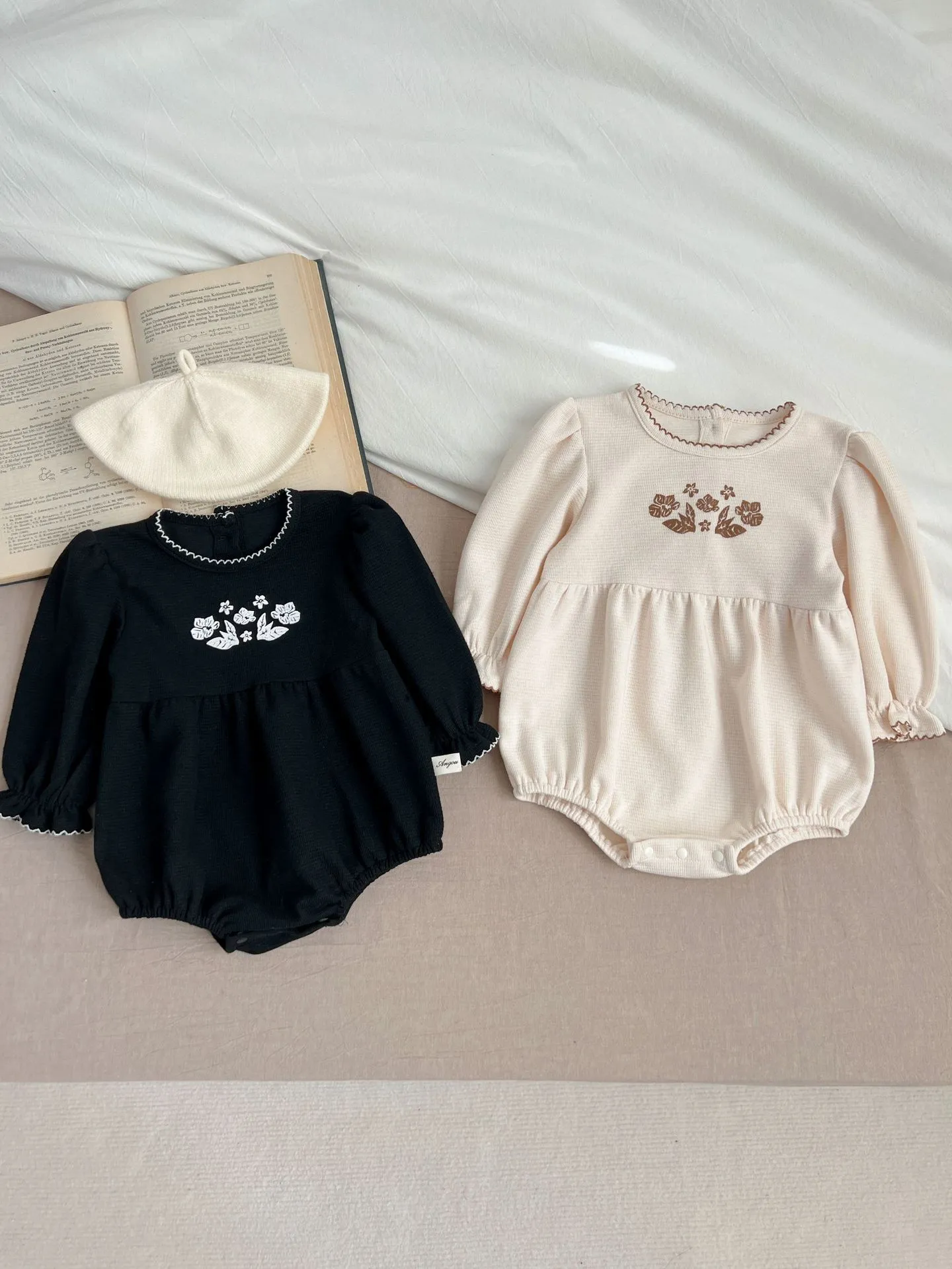 Infant Baby Girls Long Sleeve Cotton Romper Floral Embroidery Ruffle Crew Neck Newborn Jumpsuit Spring Baby Clothes