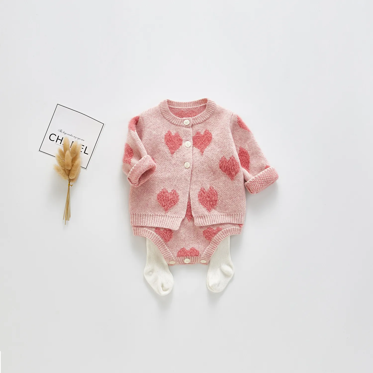 Infant Baby Knit Cardigan Jacket And Romper Overalls Cute Heart Pattern Newborn Infant Clothing